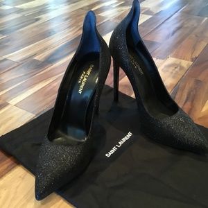 GORGEOUS SAINT LAURENT GLITTER CREPE EVENING 5” HEELS W/ HIGH BACK SZ IT 40